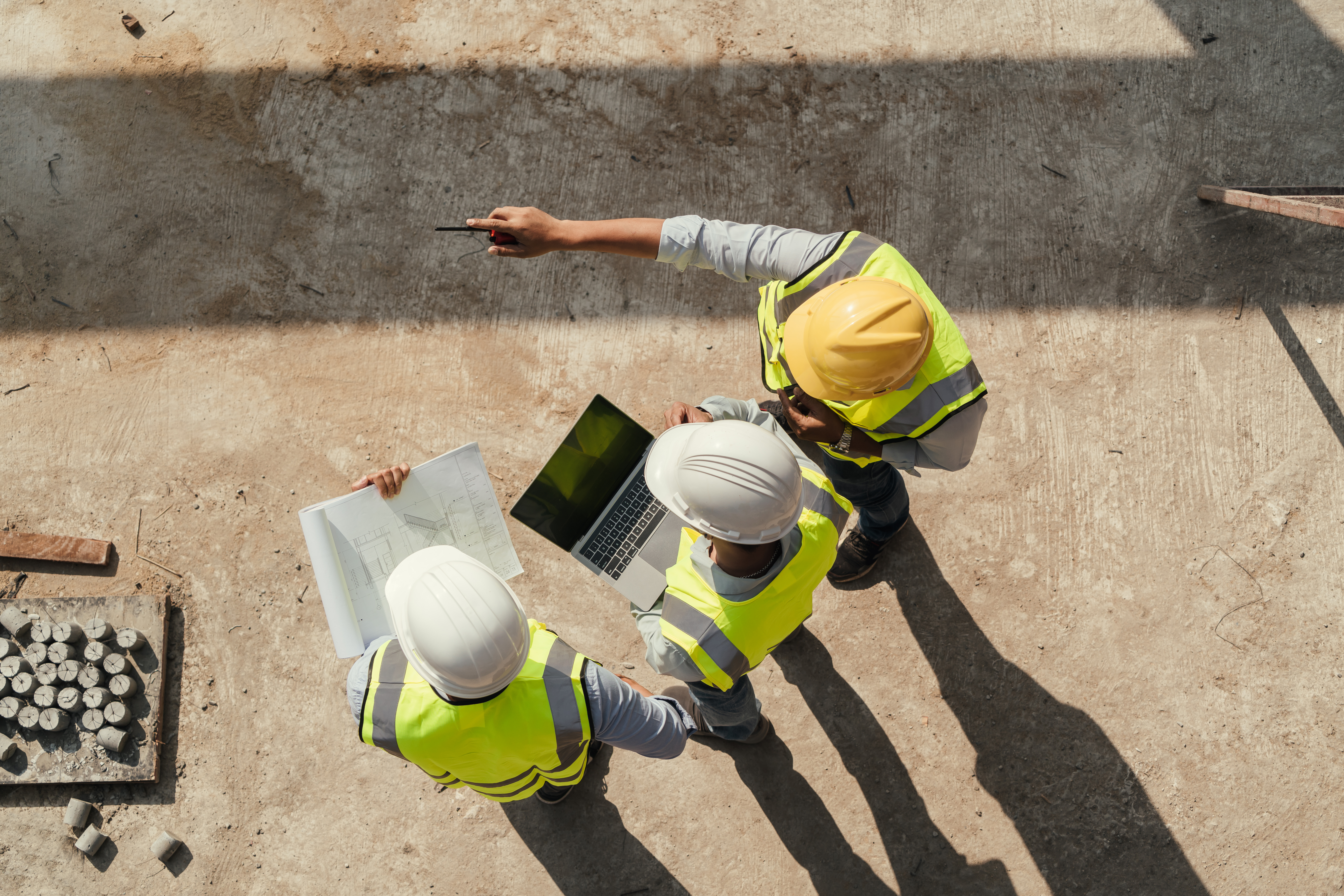 Top view, Team engineer building inspection use tablet computer Architekten